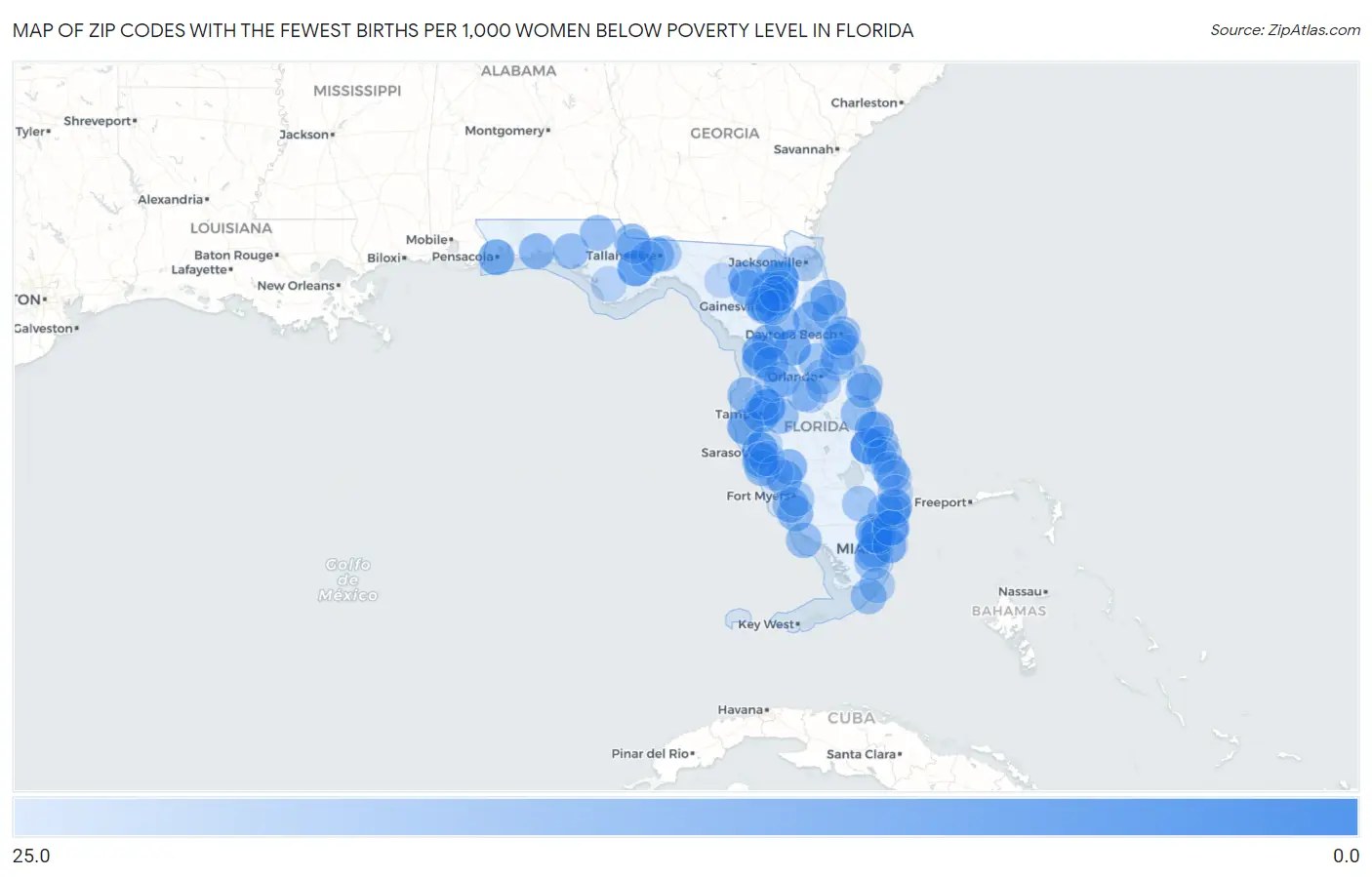Zip Codes with the Fewest Births per 1,000 Women Below Poverty Level in Florida Map