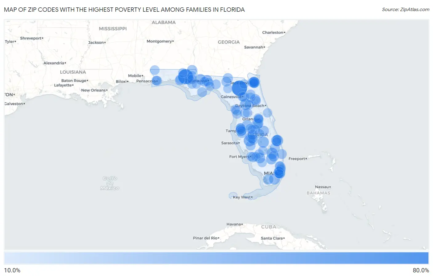 Zip Codes with the Highest Poverty Level Among Families in Florida Map