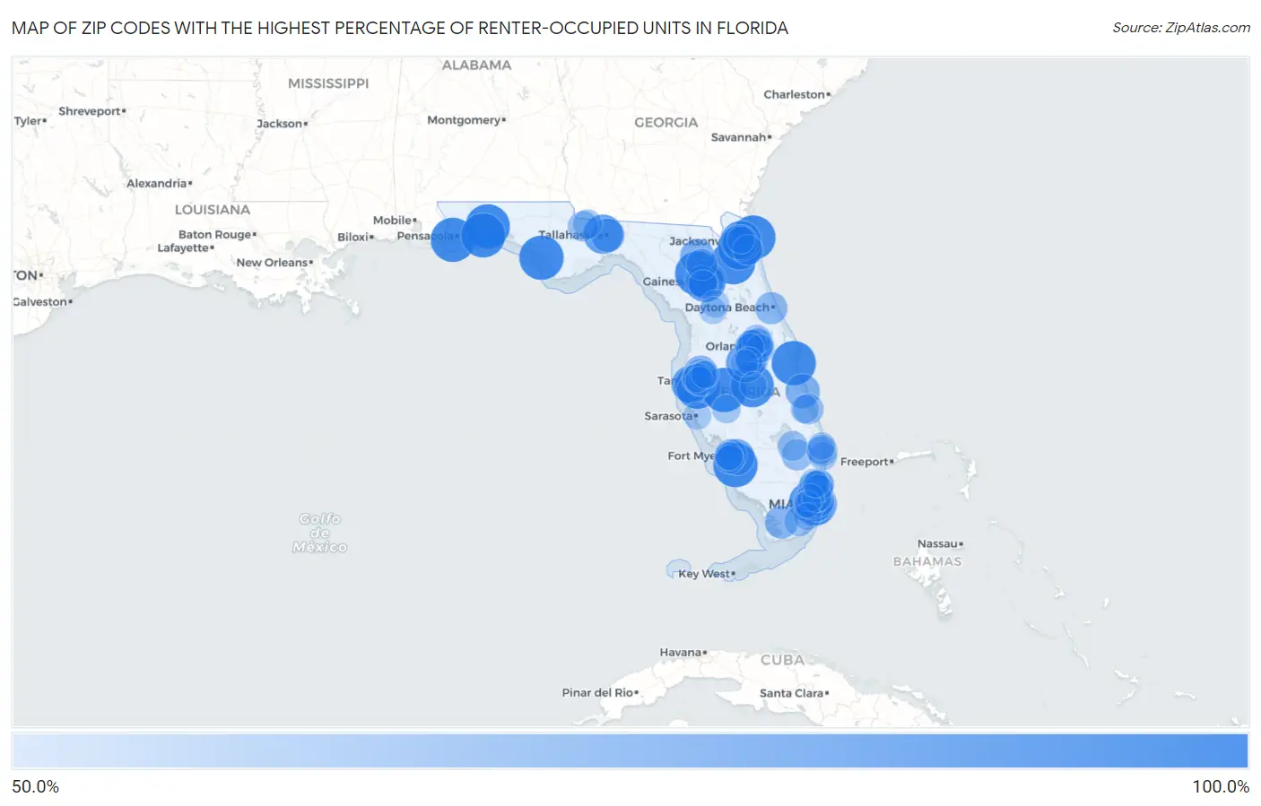Zip Codes with the Highest Percentage of Renter-Occupied Units in Florida Map