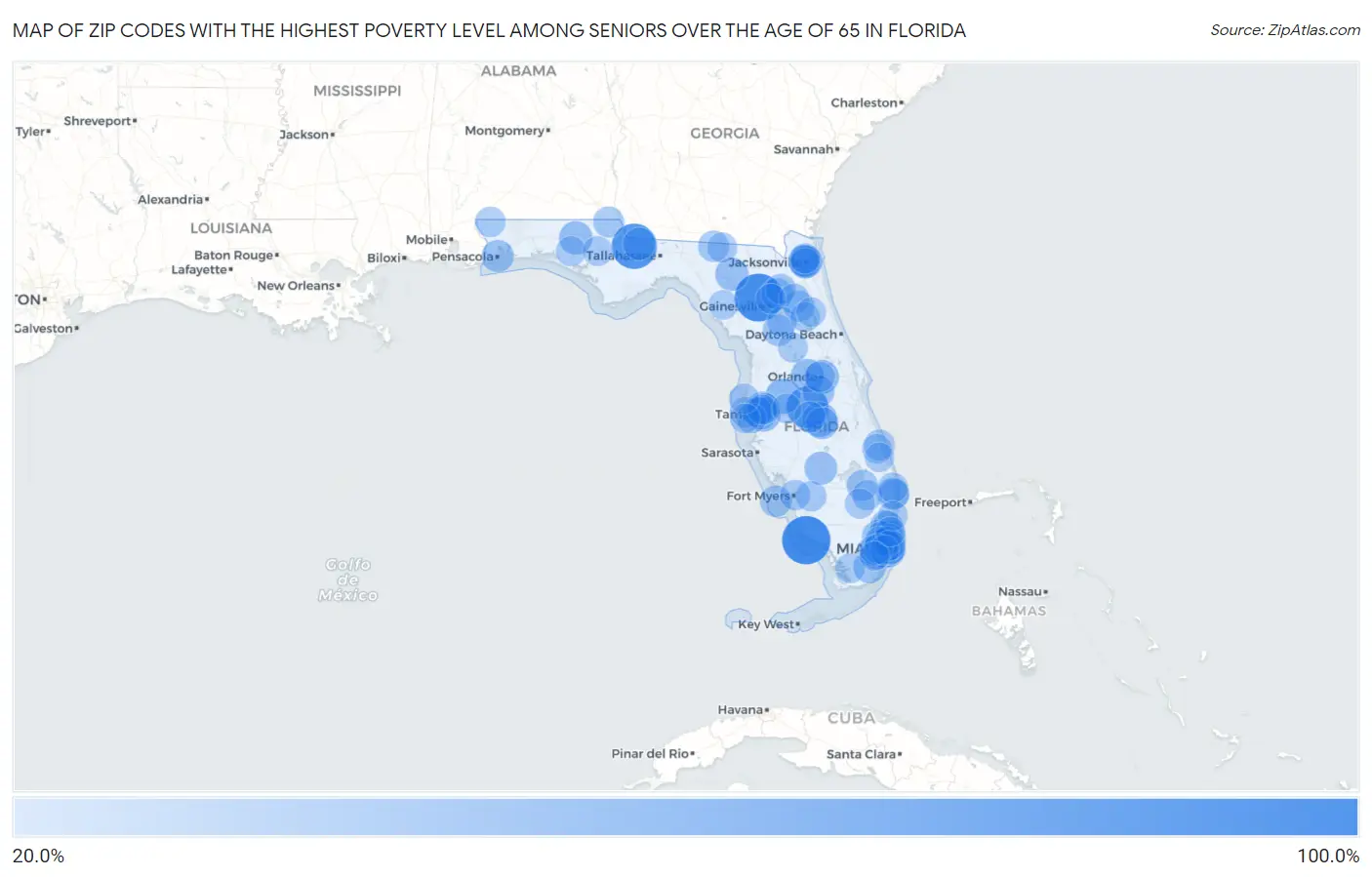 Zip Codes with the Highest Poverty Level Among Seniors Over the Age of 65 in Florida Map