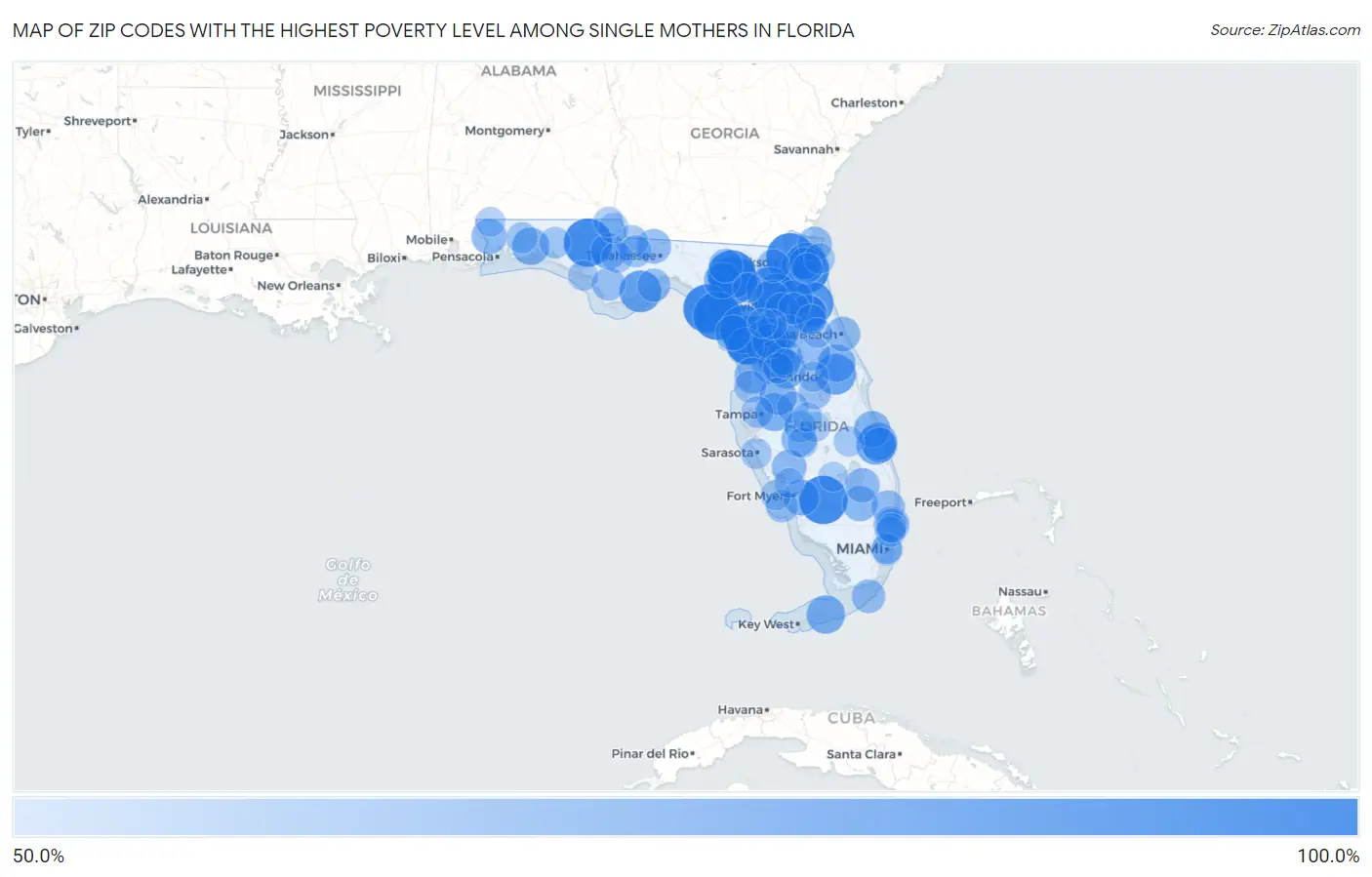 Zip Codes with the Highest Poverty Level Among Single Mothers in Florida Map