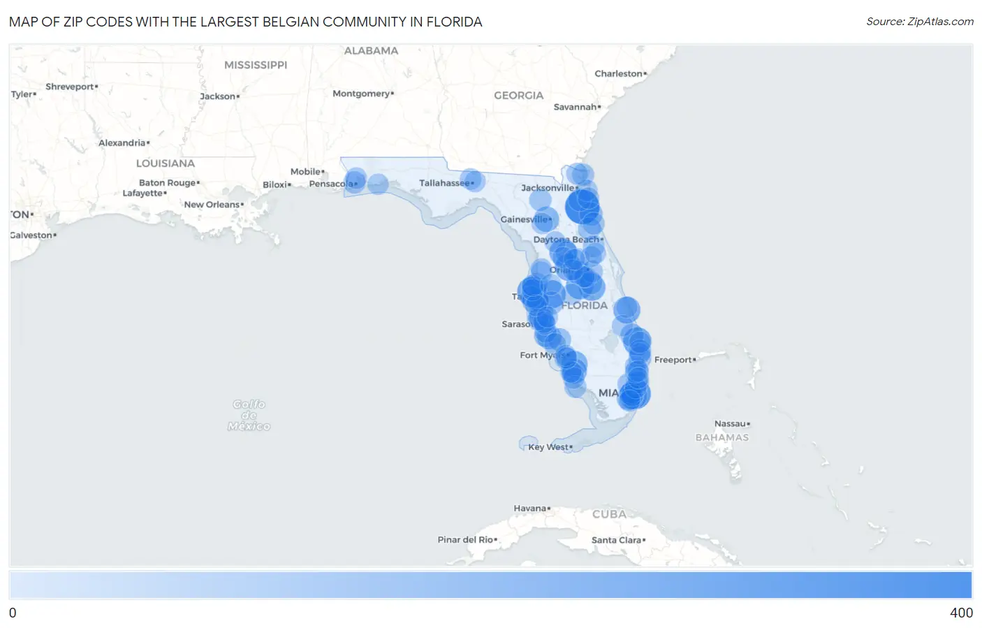 Zip Codes with the Largest Belgian Community in Florida Map