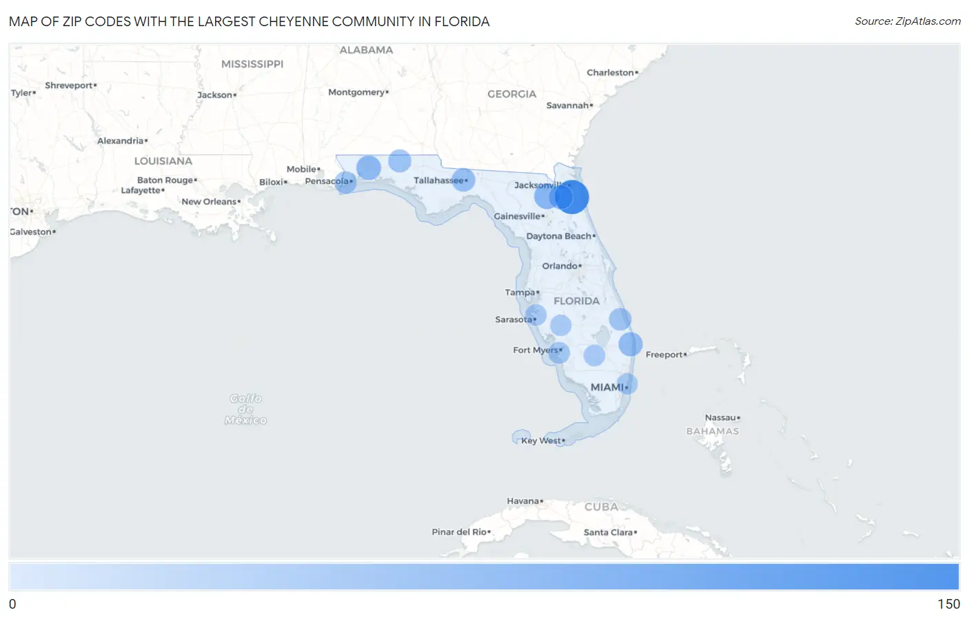 Zip Codes with the Largest Cheyenne Community in Florida Map