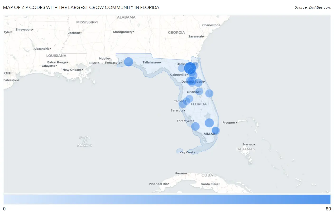 Zip Codes with the Largest Crow Community in Florida Map