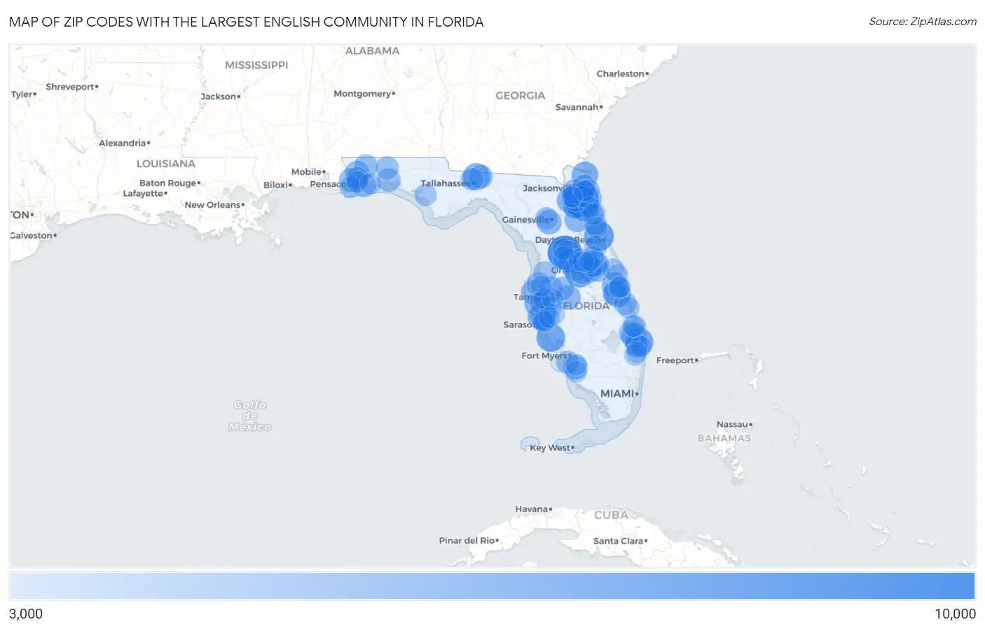 Zip Codes with the Largest English Community in Florida Map