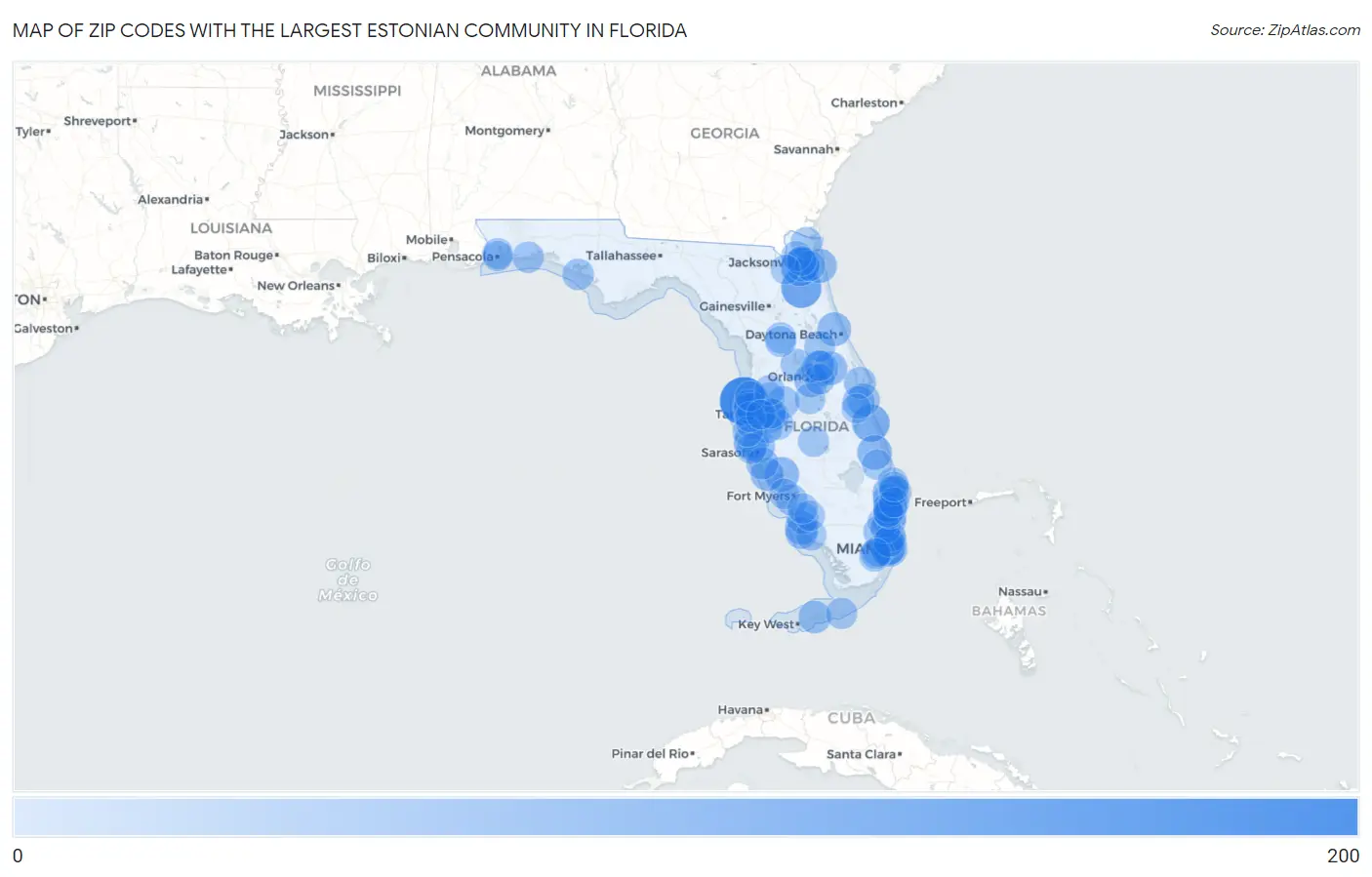 Zip Codes with the Largest Estonian Community in Florida Map