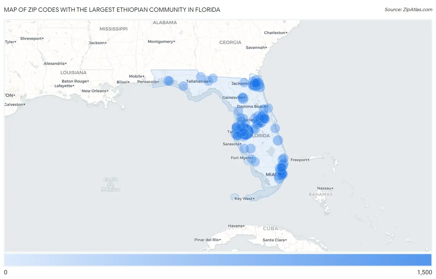 Zip Codes with the Largest Ethiopian Community in Florida Map