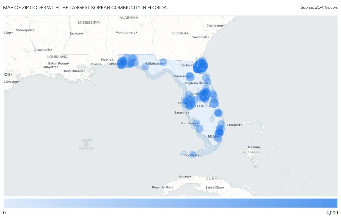 Zip Codes with the Largest Korean Community in Florida Map