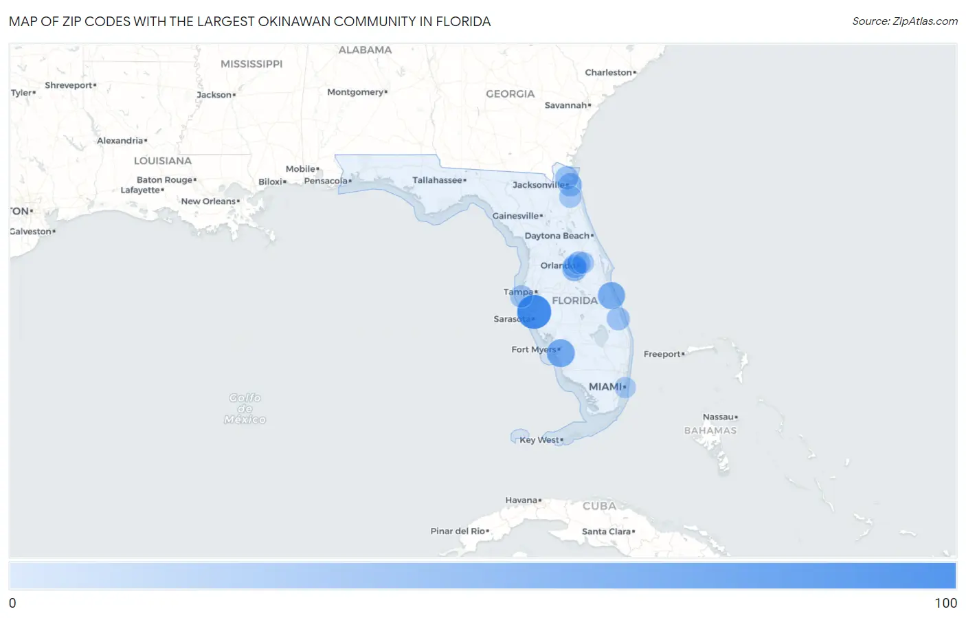 Zip Codes with the Largest Okinawan Community in Florida Map