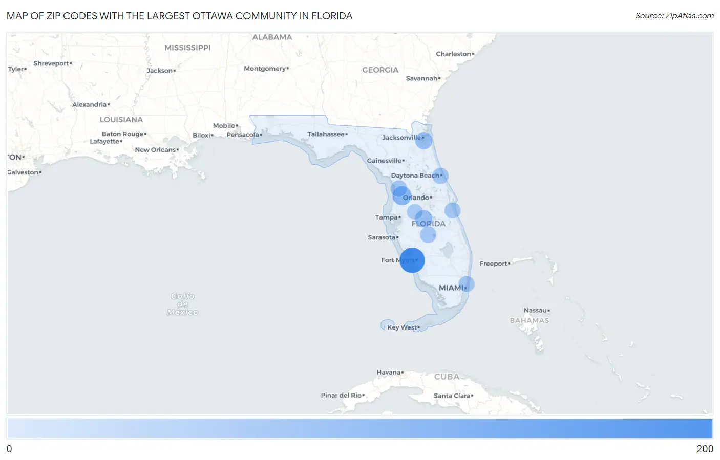 Zip Codes with the Largest Ottawa Community in Florida Map