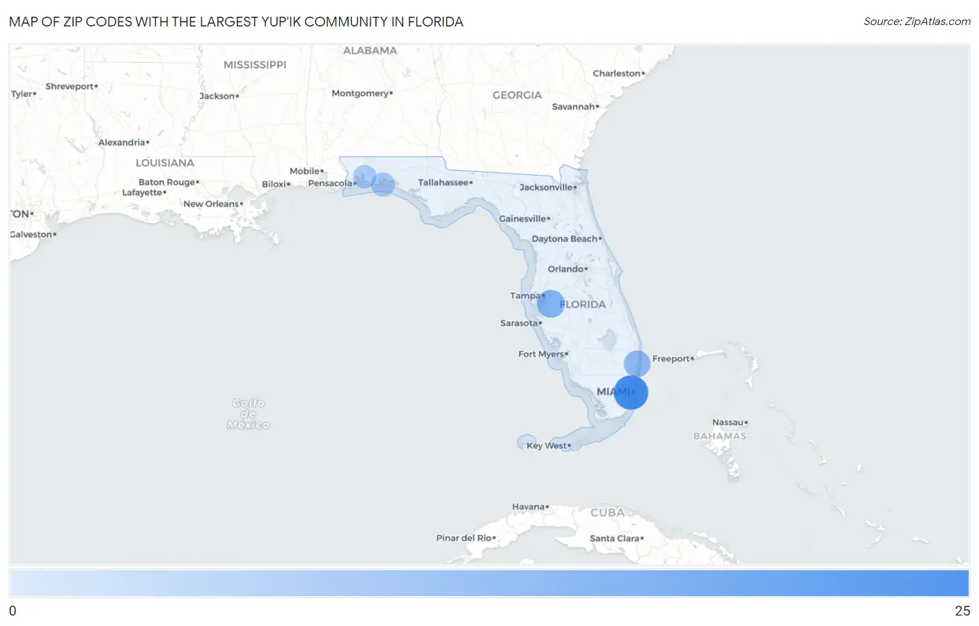Zip Codes with the Largest Yup'ik Community in Florida Map