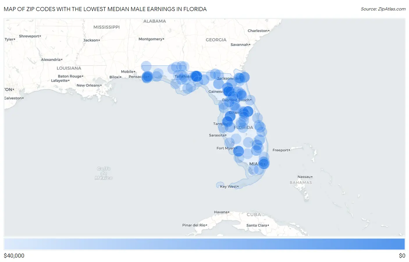 Zip Codes with the Lowest Median Male Earnings in Florida Map