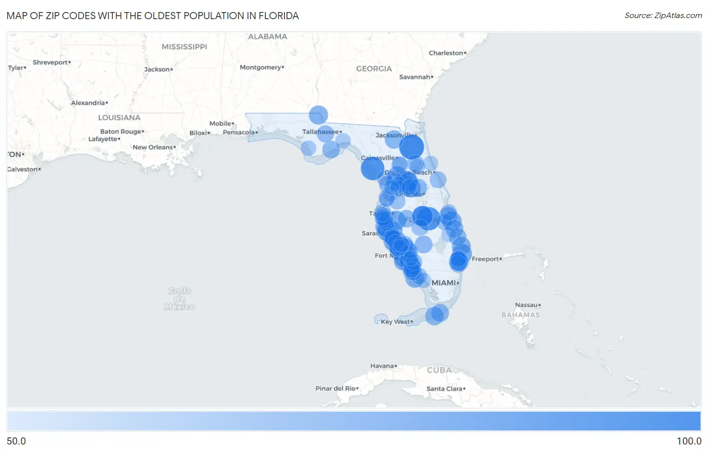 Zip Codes with the Oldest Population in Florida Map