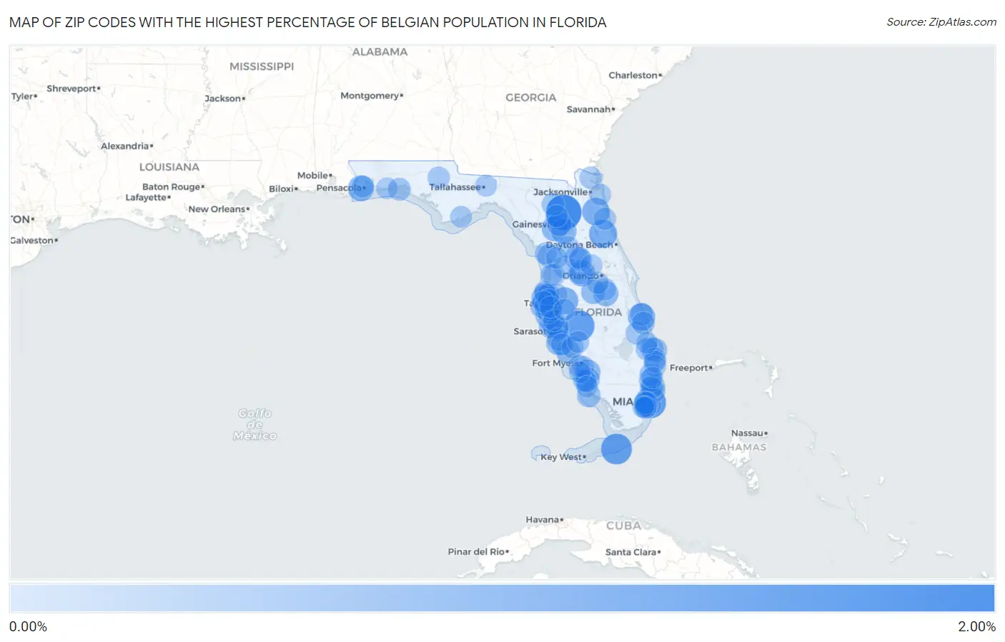 Zip Codes with the Highest Percentage of Belgian Population in Florida Map