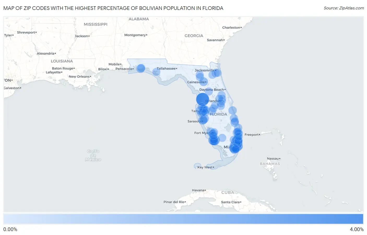Zip Codes with the Highest Percentage of Bolivian Population in Florida Map