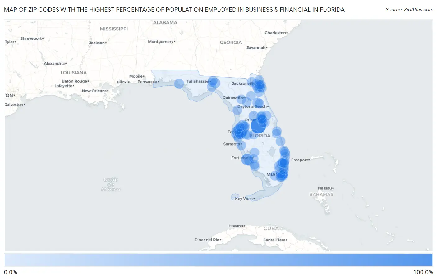 Zip Codes with the Highest Percentage of Population Employed in Business & Financial in Florida Map