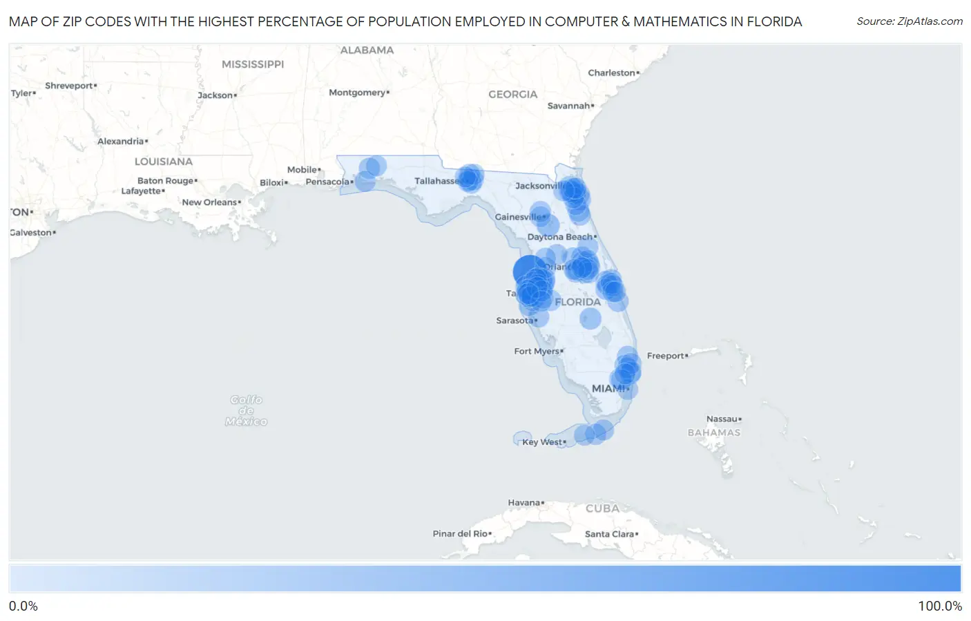 Zip Codes with the Highest Percentage of Population Employed in Computer & Mathematics in Florida Map