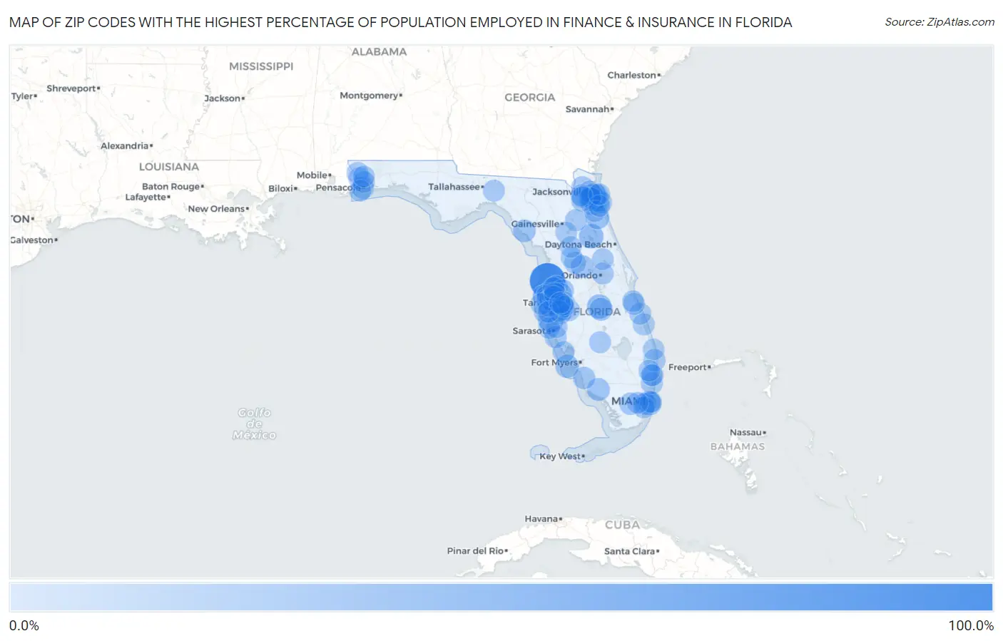Zip Codes with the Highest Percentage of Population Employed in Finance & Insurance in Florida Map