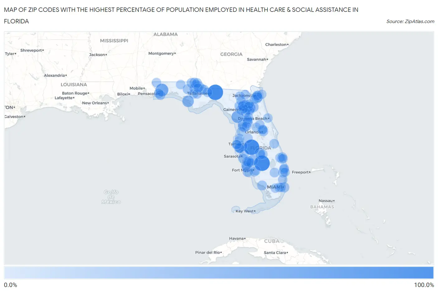 Zip Codes with the Highest Percentage of Population Employed in Health Care & Social Assistance in Florida Map
