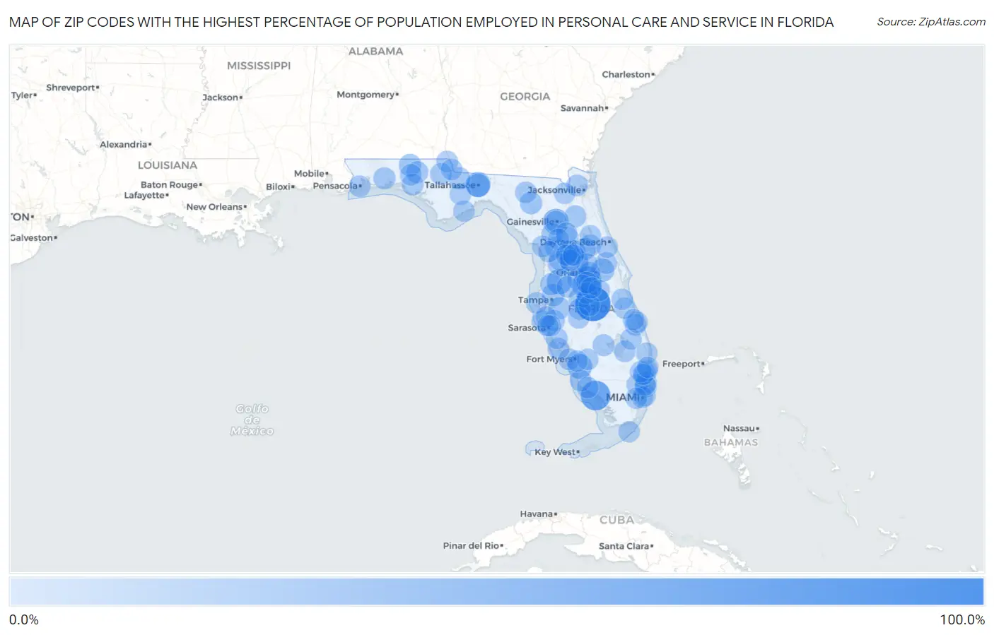 Zip Codes with the Highest Percentage of Population Employed in Personal Care and Service in Florida Map