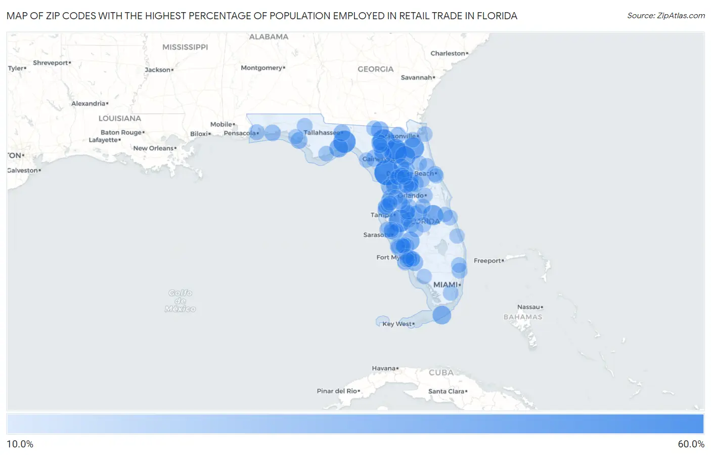 Zip Codes with the Highest Percentage of Population Employed in Retail Trade in Florida Map