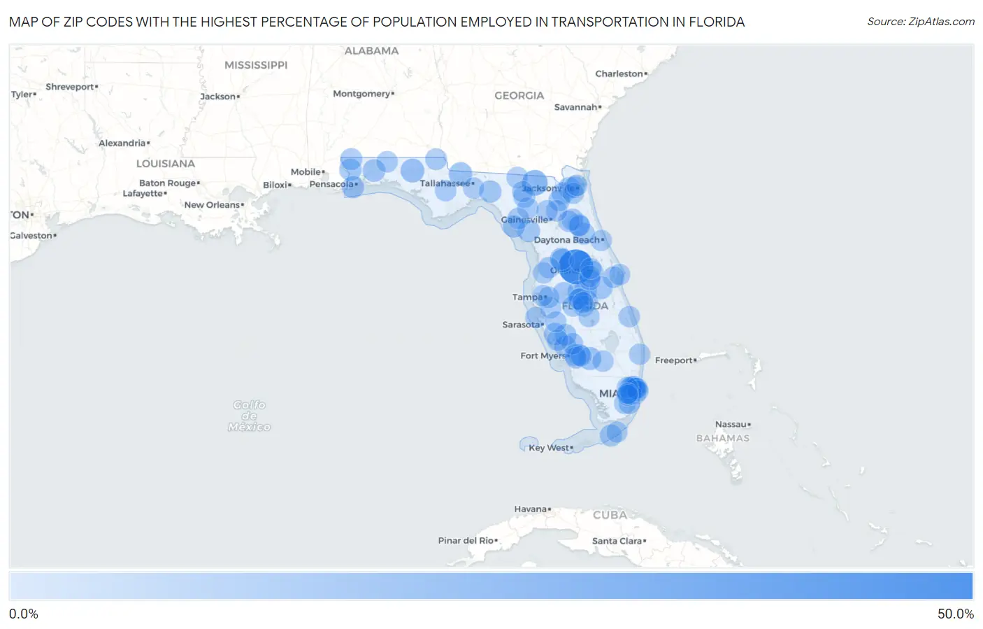 Zip Codes with the Highest Percentage of Population Employed in Transportation in Florida Map