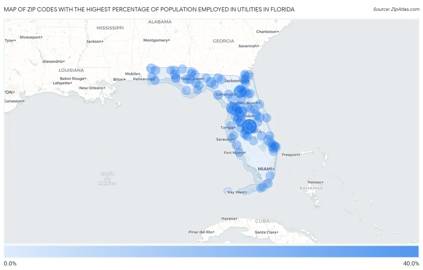 Zip Codes with the Highest Percentage of Population Employed in Utilities in Florida Map