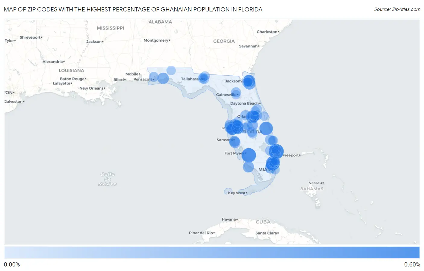 Zip Codes with the Highest Percentage of Ghanaian Population in Florida Map