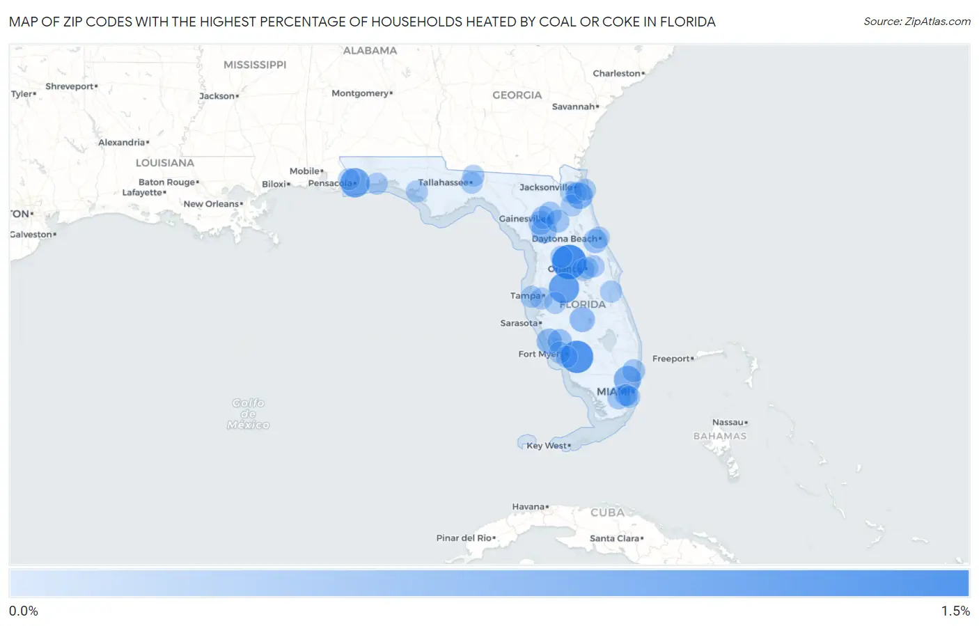 Zip Codes with the Highest Percentage of Households Heated by Coal or Coke in Florida Map