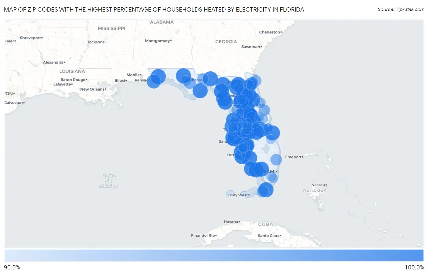 Zip Codes with the Highest Percentage of Households Heated by Electricity in Florida Map