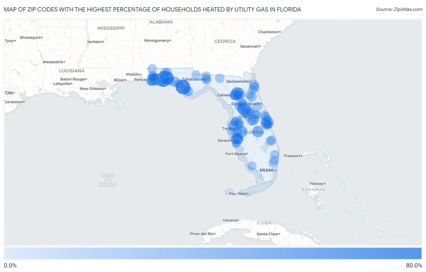 Zip Codes with the Highest Percentage of Households Heated by Utility Gas in Florida Map