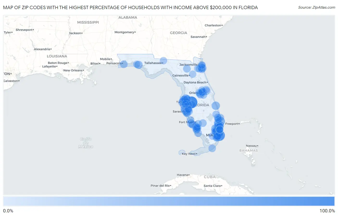 Zip Codes with the Highest Percentage of Households with Income Above $200,000 in Florida Map