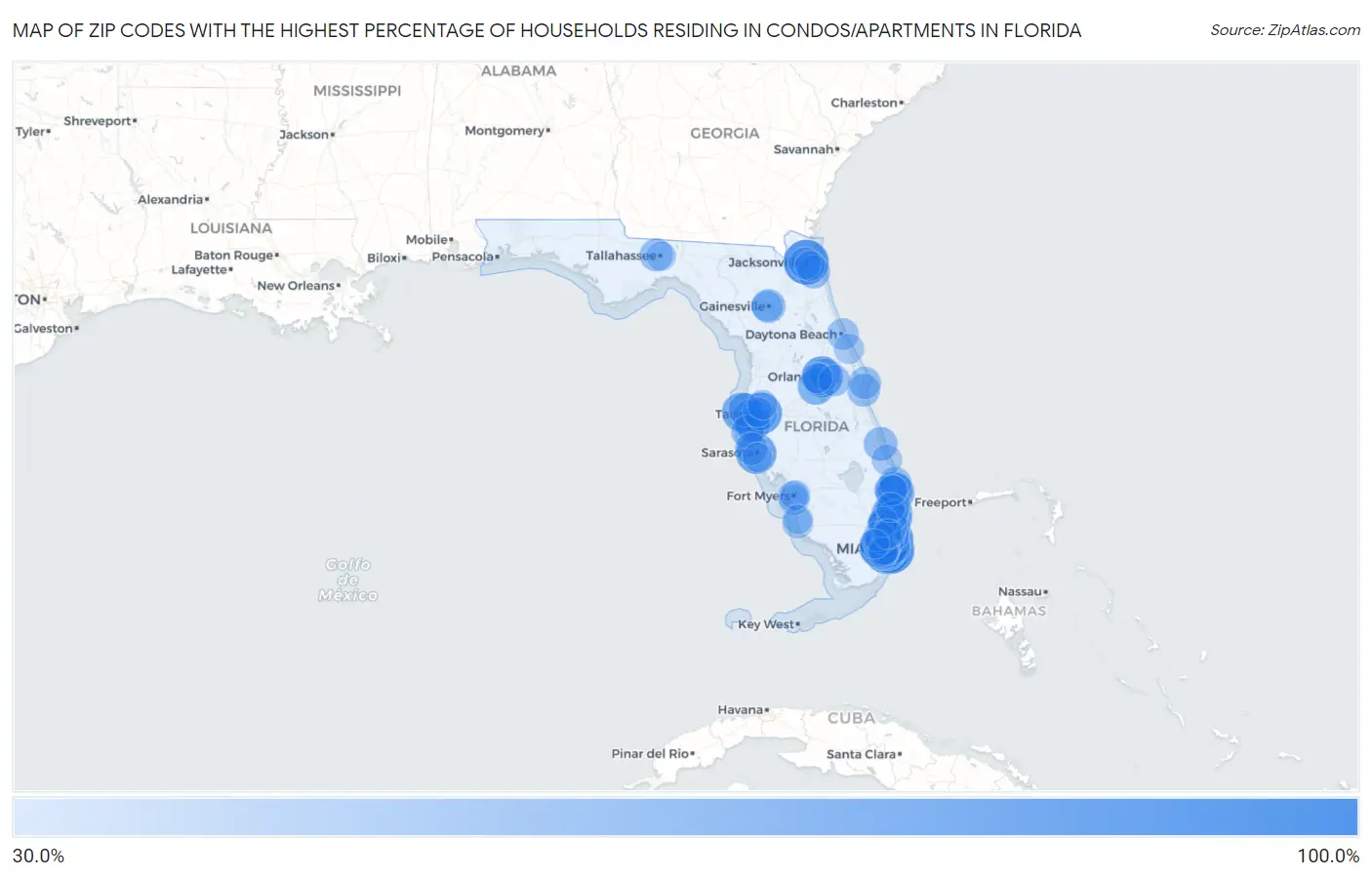 Zip Codes with the Highest Percentage of Households Residing in Condos/Apartments in Florida Map
