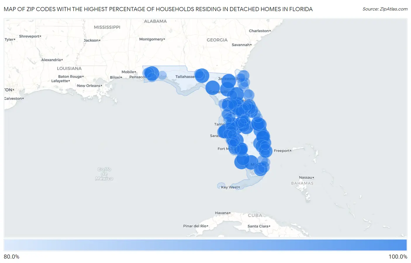 Zip Codes with the Highest Percentage of Households Residing in Detached Homes in Florida Map