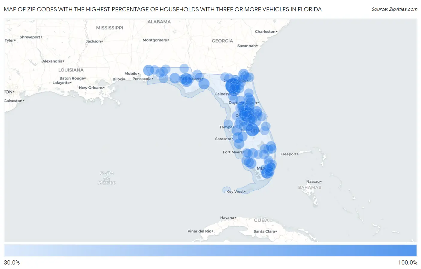 Zip Codes with the Highest Percentage of Households With Three or more Vehicles in Florida Map