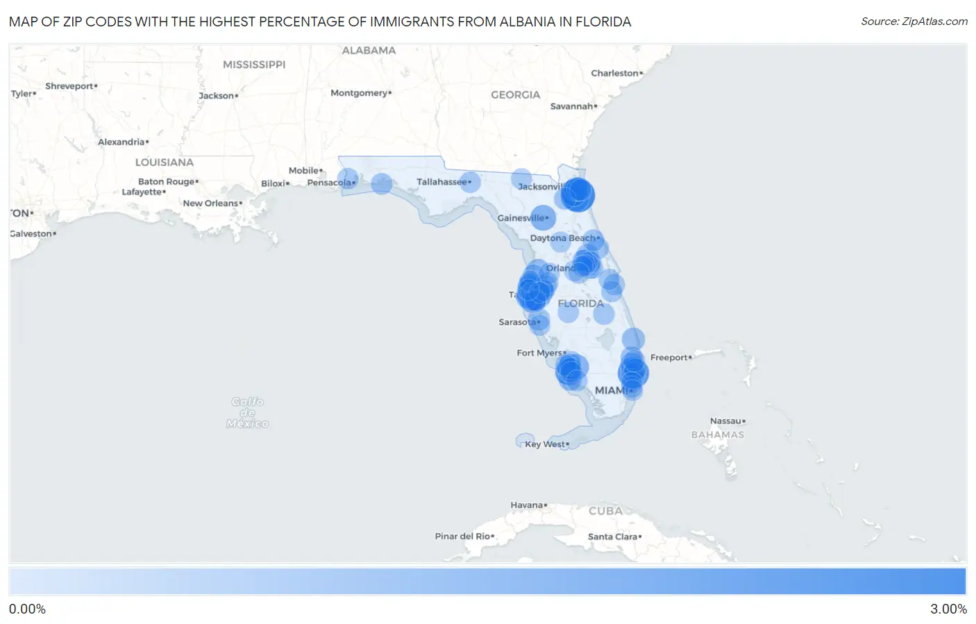Zip Codes with the Highest Percentage of Immigrants from Albania in Florida Map