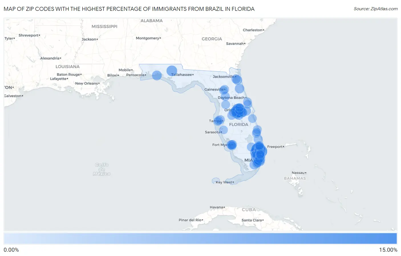 Zip Codes with the Highest Percentage of Immigrants from Brazil in Florida Map