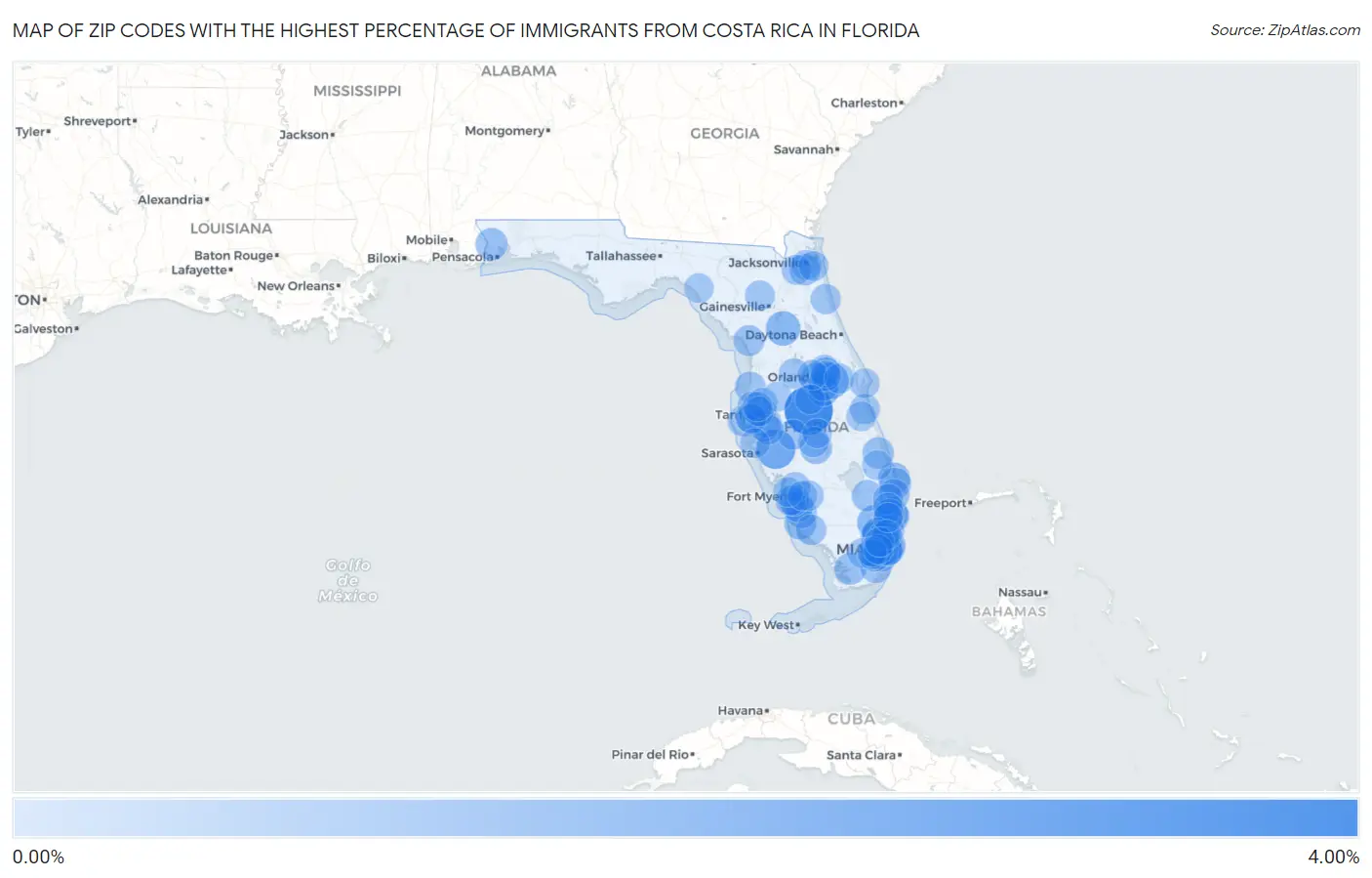 Zip Codes with the Highest Percentage of Immigrants from Costa Rica in Florida Map