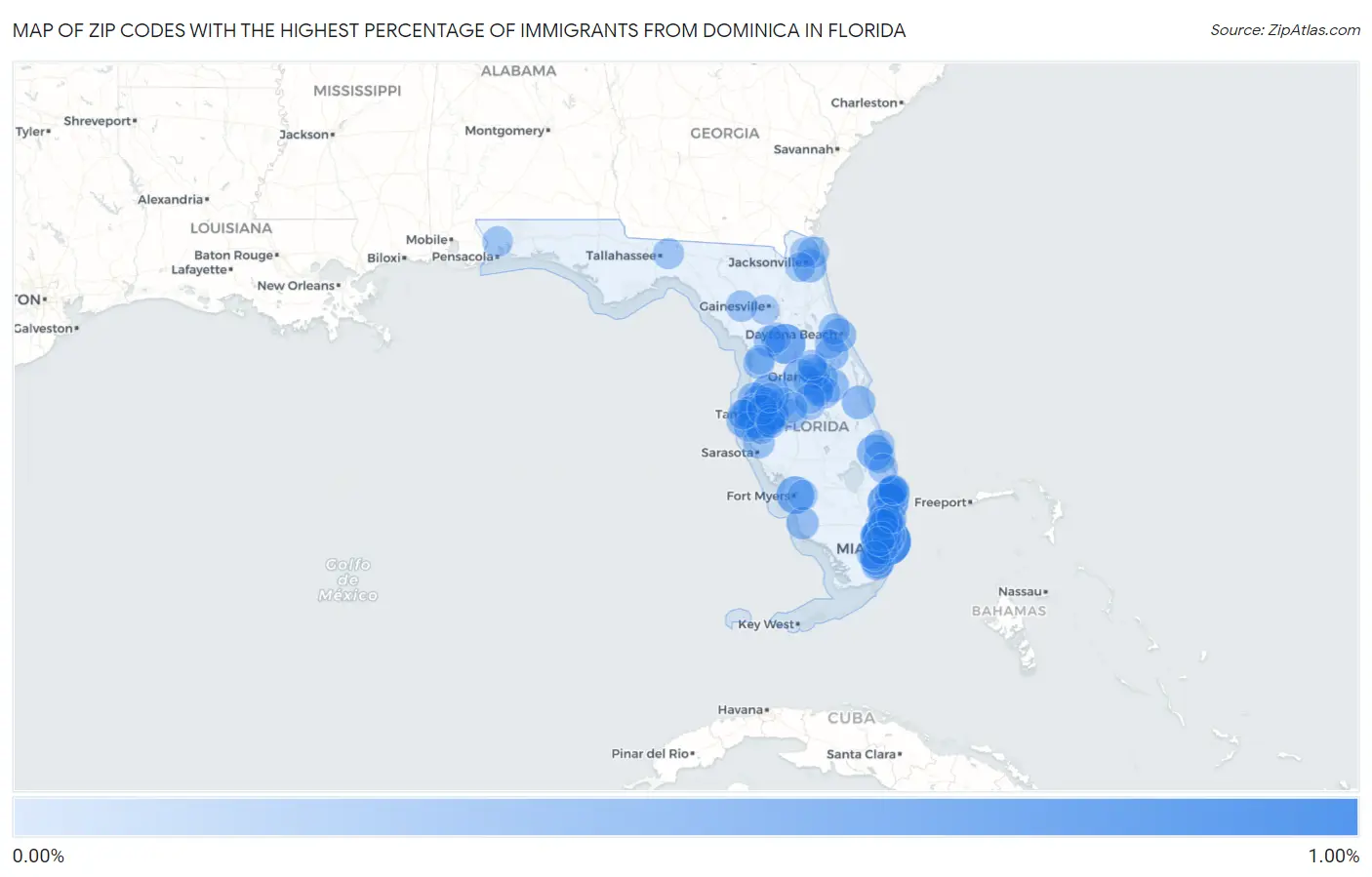 Zip Codes with the Highest Percentage of Immigrants from Dominica in Florida Map
