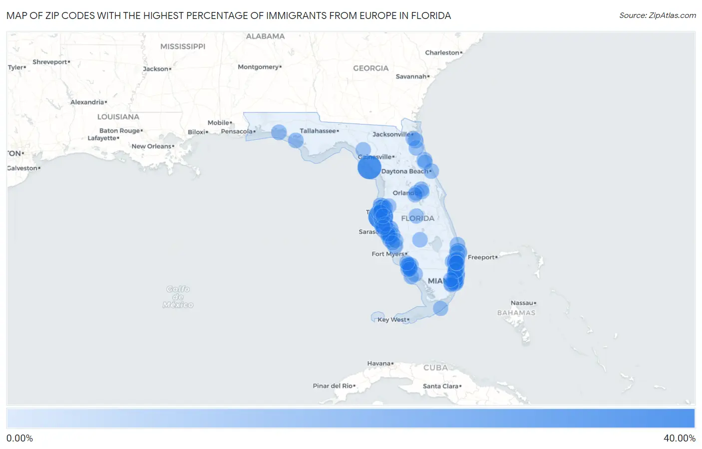 Zip Codes with the Highest Percentage of Immigrants from Europe in Florida Map