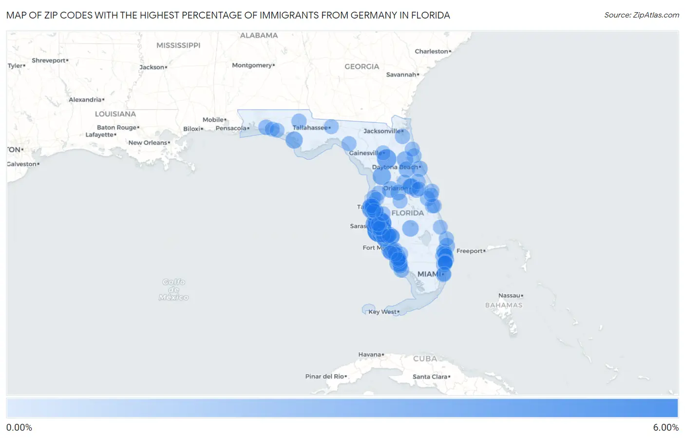 Zip Codes with the Highest Percentage of Immigrants from Germany in Florida Map