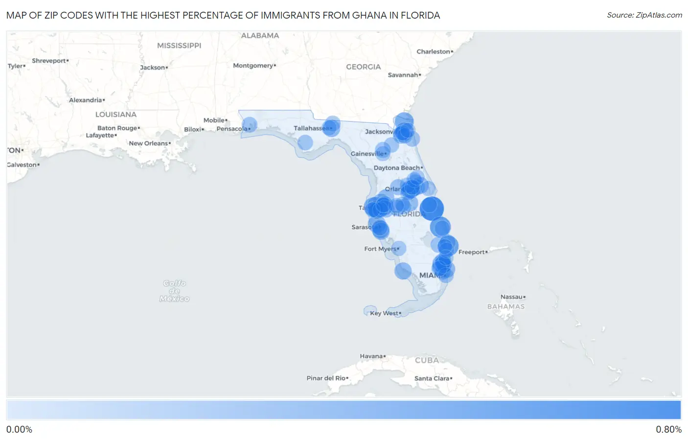 Zip Codes with the Highest Percentage of Immigrants from Ghana in Florida Map
