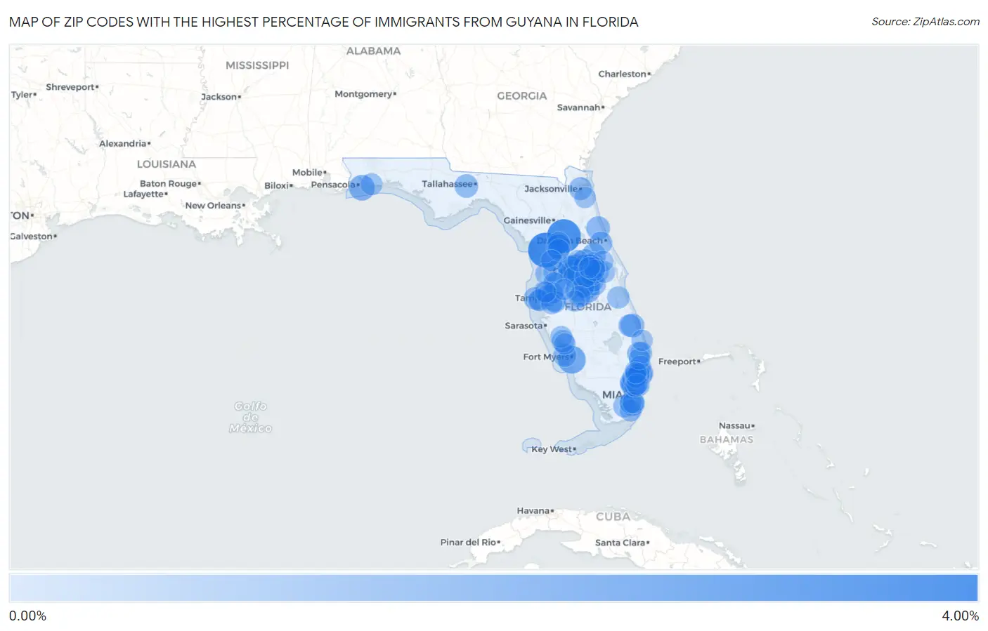 Zip Codes with the Highest Percentage of Immigrants from Guyana in Florida Map