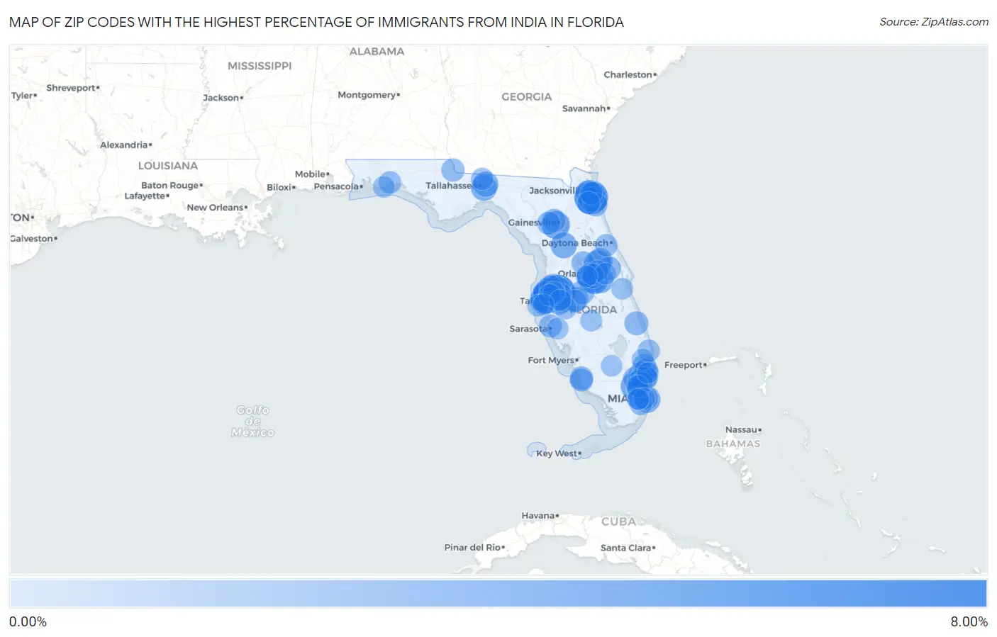 Zip Codes with the Highest Percentage of Immigrants from India in Florida Map