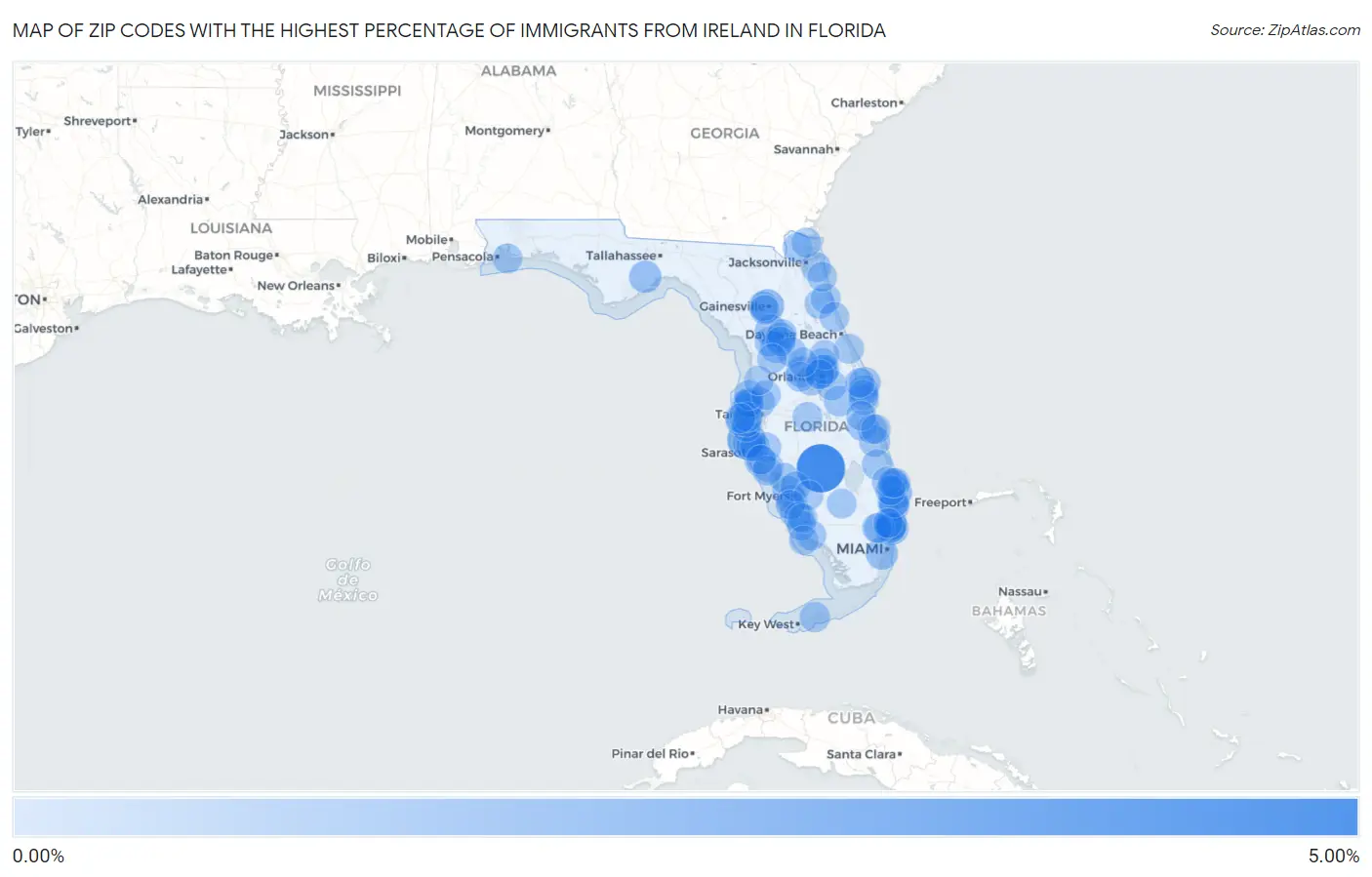 Zip Codes with the Highest Percentage of Immigrants from Ireland in Florida Map
