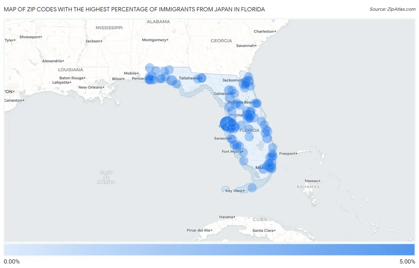 Zip Codes with the Highest Percentage of Immigrants from Japan in Florida Map