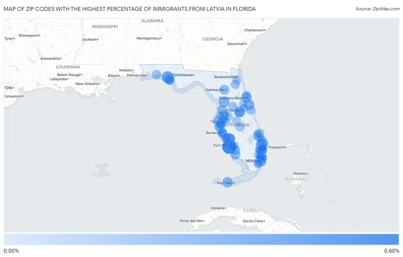 Zip Codes with the Highest Percentage of Immigrants from Latvia in Florida Map