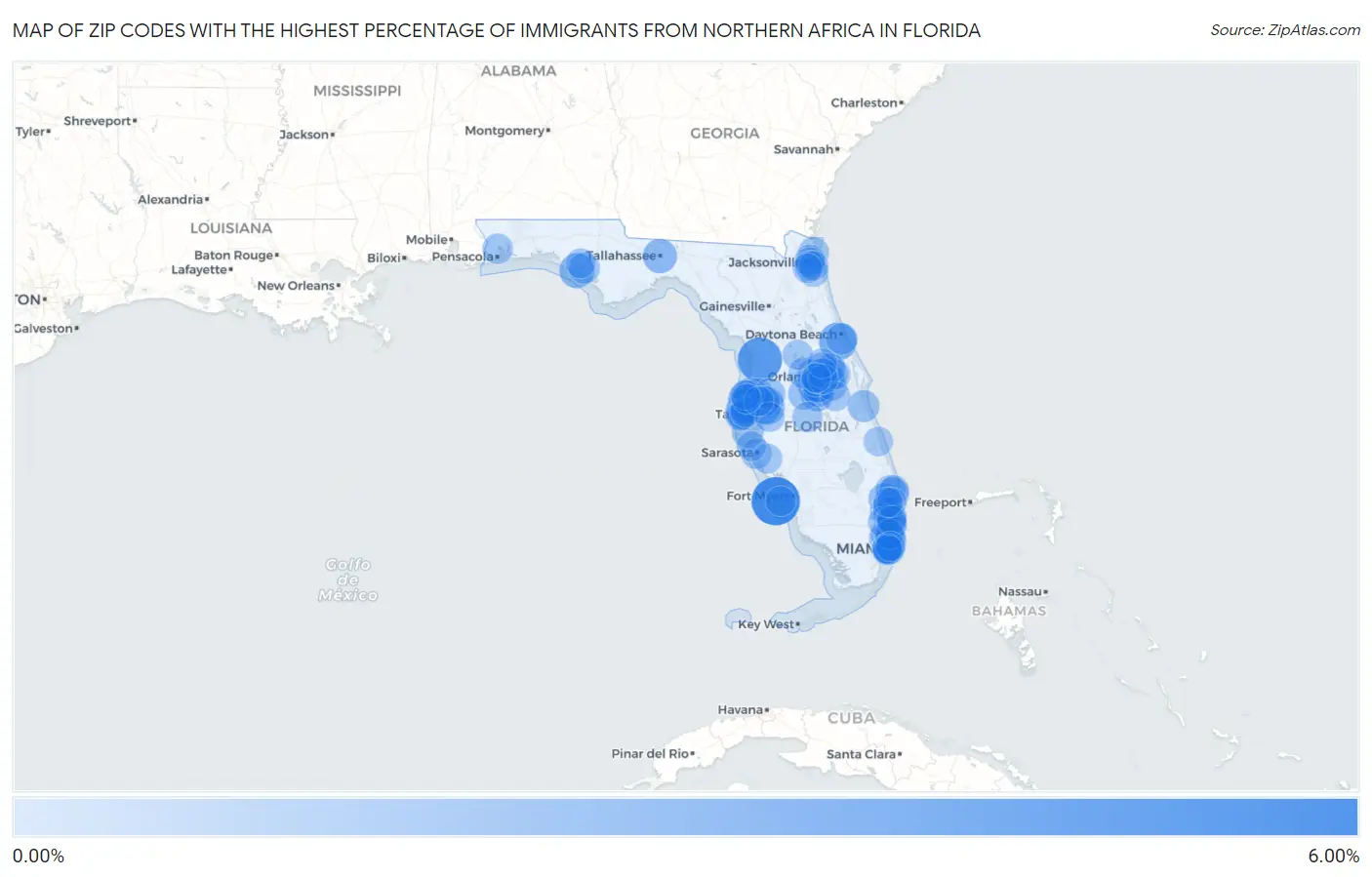 Zip Codes with the Highest Percentage of Immigrants from Northern Africa in Florida Map