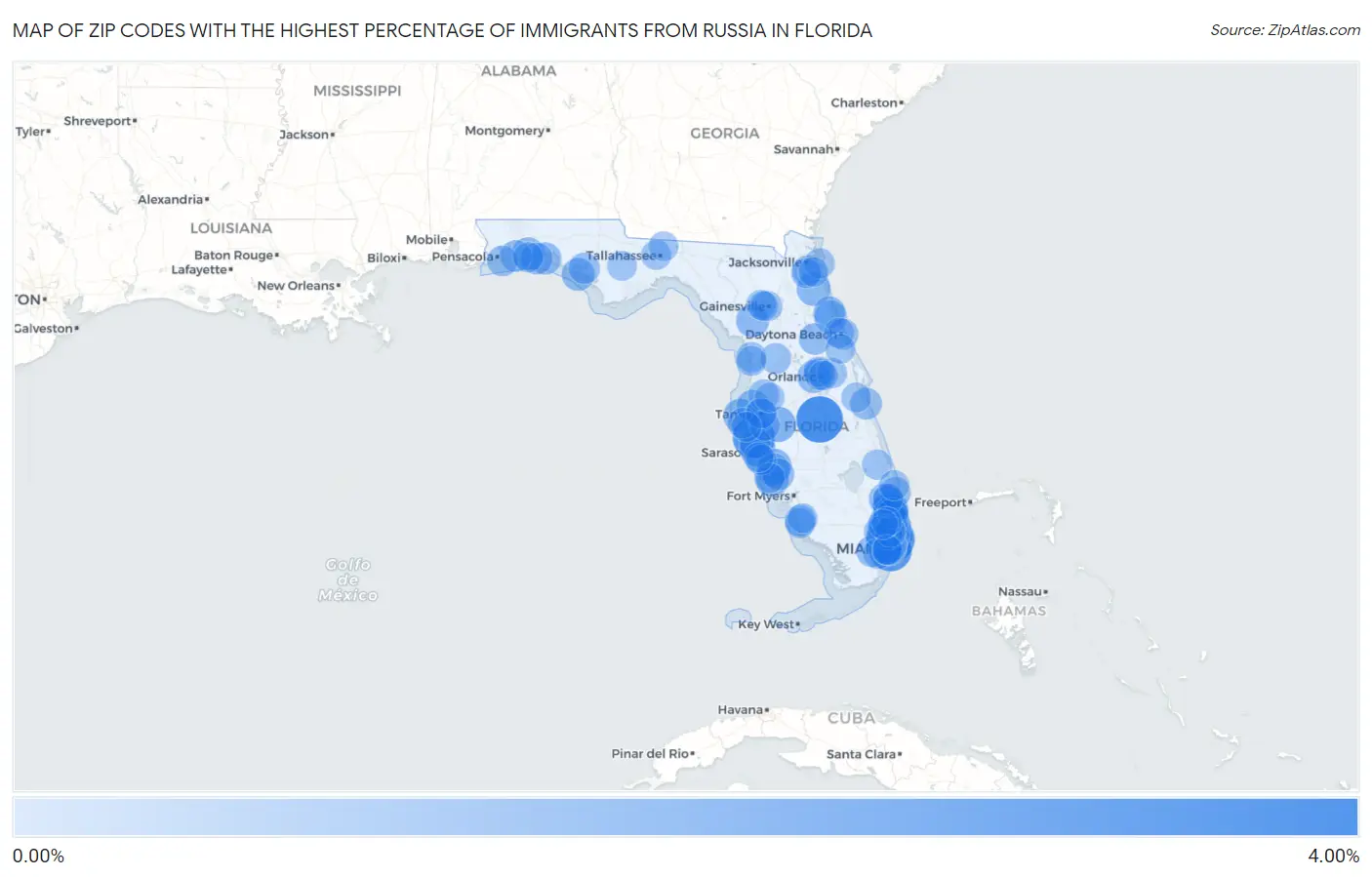 Zip Codes with the Highest Percentage of Immigrants from Russia in Florida Map