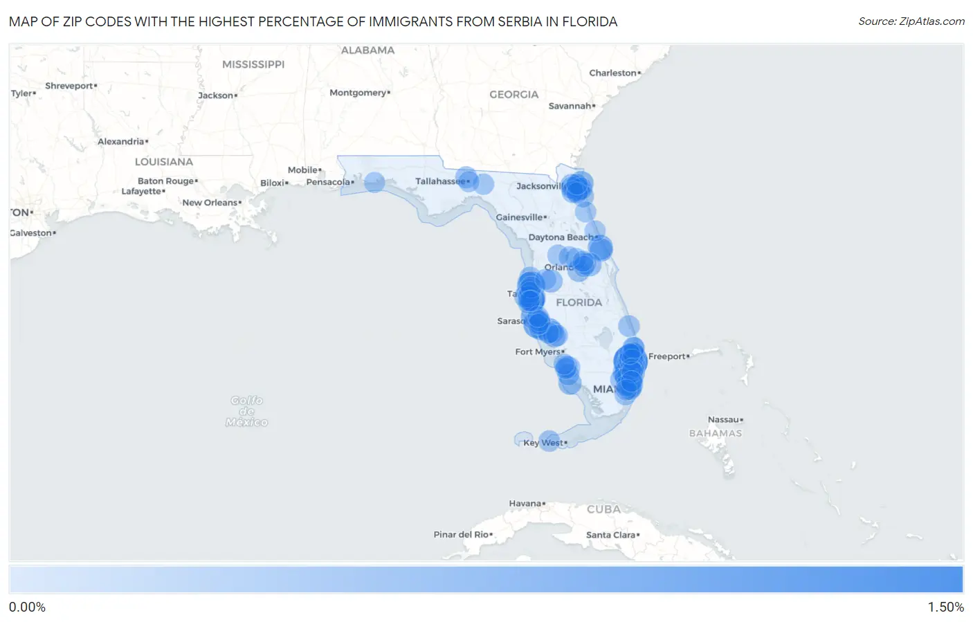 Zip Codes with the Highest Percentage of Immigrants from Serbia in Florida Map